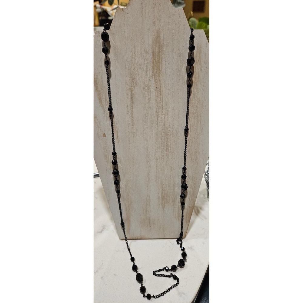 Womens Long Black Faceted Bead Station Necklace Black Metal Chain 40 Inch